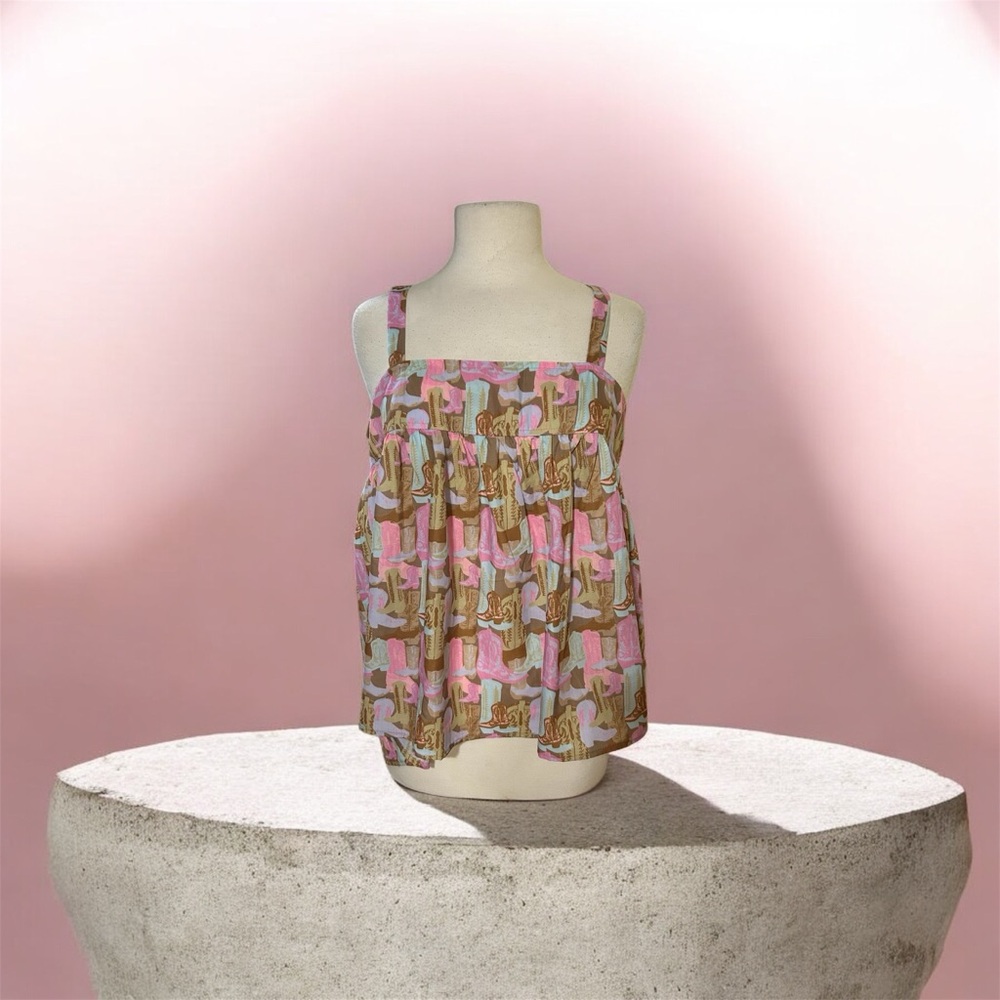 TWO 2 FLY Rodeo Ruffle Western Boot Tank Top Pink Brown XL NWT Festival Country - Picture 2 of 7
